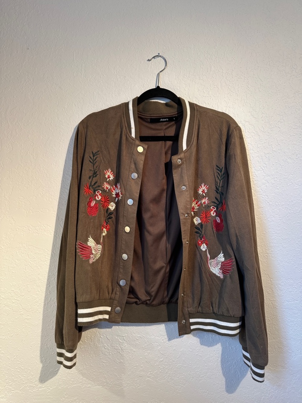 Embroidered Army Green Velvet Bomber Jacket - Women's